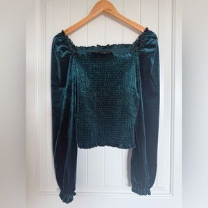 Laundry by Shelli Segal Teal Velvet Smocked Puff Sleeve Crop Blouse Boho Medium